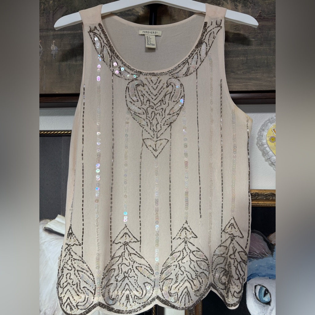 Anthropologie Cream Sequin Sleeveless Blouse